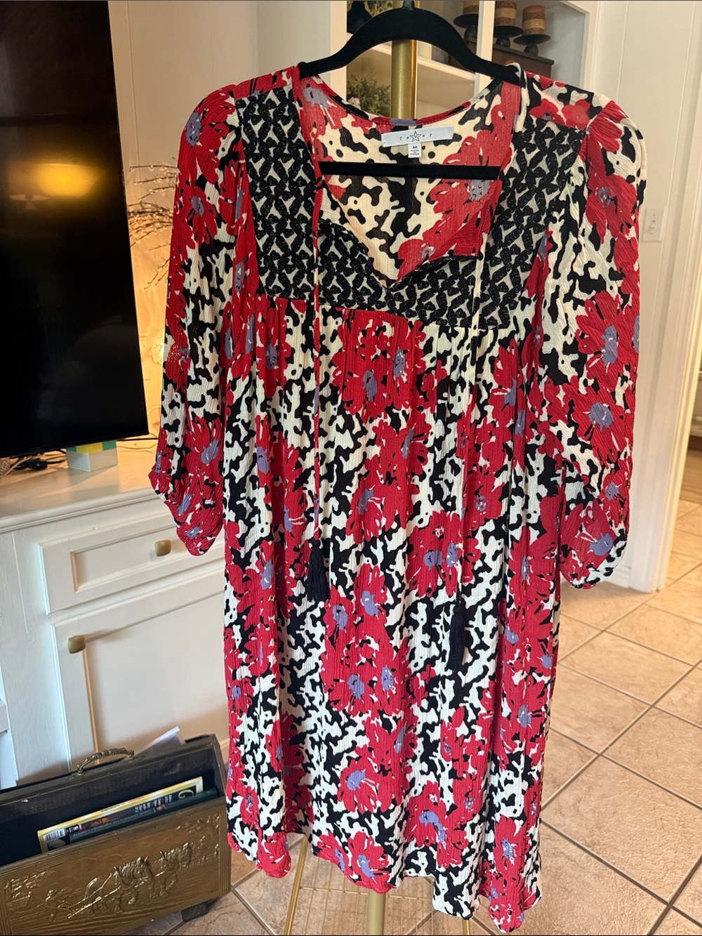 Fever Red Floral Midi Dress with Black & Cream Pattern